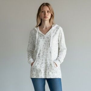 Livi Active White Hooded Pullover Sweatshirt with Light Gray Leopard Print